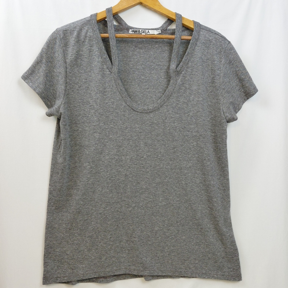 Pam & Gela Slub T Shirt Women's Size Large Gray Cut Out Detail Made In USA‎